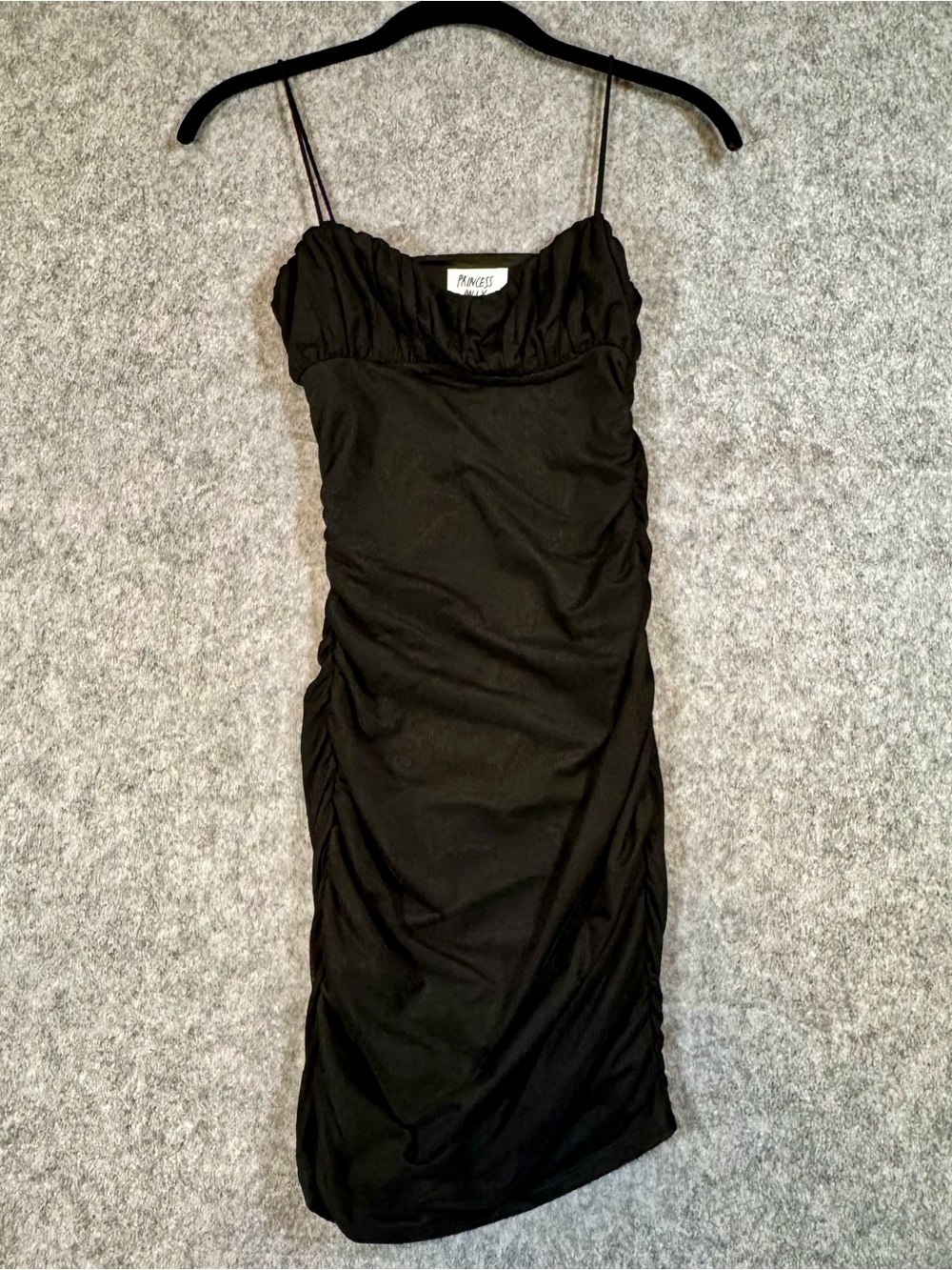 Princess Polly Black Ruched Spaghetti-Strap Mini Dress Size 2